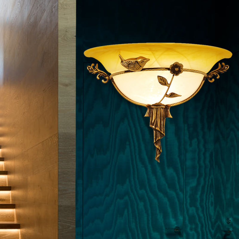 1 Bulb Wide Flare Wall Lamp Tradition White/Yellow Glass Sconce Light Fixture with Flower Deco toward Left/Right Clearhalo 'Wall Lamps & Sconces' 'Wall Lights' Lighting' 235953