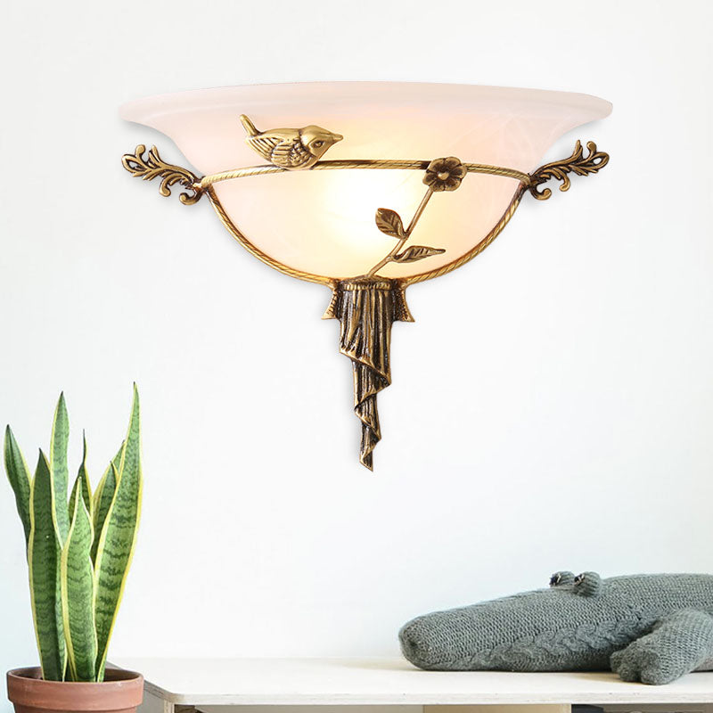 1 Bulb Wide Flare Wall Lamp Tradition White/Yellow Glass Sconce Light Fixture with Flower Deco toward Left/Right White Left Clearhalo 'Wall Lamps & Sconces' 'Wall Lights' Lighting' 235959