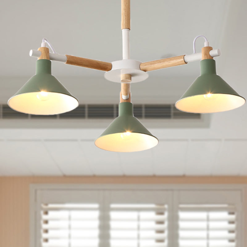Macaroon Horn Shape Pendant Lights 3 Bulbs Metal and wooden Hanging Light Fixture for Dining Room Kid Bedroom Clearhalo 'Ceiling Lights' 'Chandeliers' Lighting' options 236291