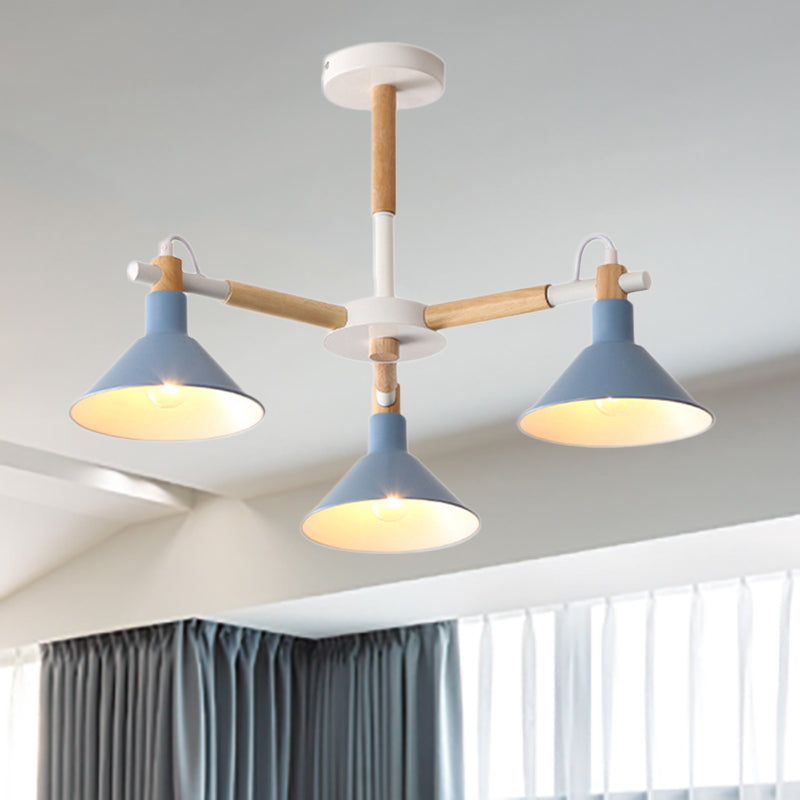 Macaroon Horn Shape Pendant Lights 3 Bulbs Metal and wooden Hanging Light Fixture for Dining Room Kid Bedroom Clearhalo 'Ceiling Lights' 'Chandeliers' Lighting' options 236293