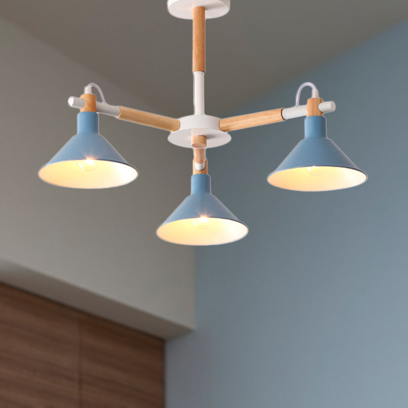 Macaroon Horn Shape Pendant Lights 3 Bulbs Metal and wooden Hanging Light Fixture for Dining Room Kid Bedroom Clearhalo 'Ceiling Lights' 'Chandeliers' Lighting' options 236294