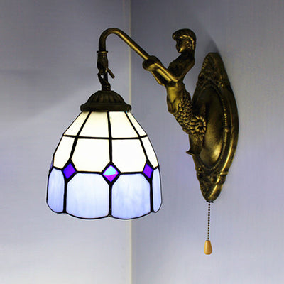 Dome White Glass Wall Mount Light Baroque 1 Head 6"/8" Wide Blue Sconce Light with Pull Chain Blue 6" Clearhalo 'Industrial' 'Middle century wall lights' 'Tiffany wall lights' 'Tiffany' 'Wall Lamps & Sconces' 'Wall Lights' Lighting' 23630