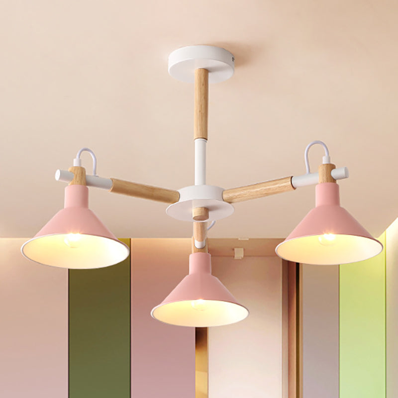 Macaroon Horn Shape Pendant Lights 3 Bulbs Metal and wooden Hanging Light Fixture for Dining Room Kid Bedroom Clearhalo 'Ceiling Lights' 'Chandeliers' Lighting' options 236300