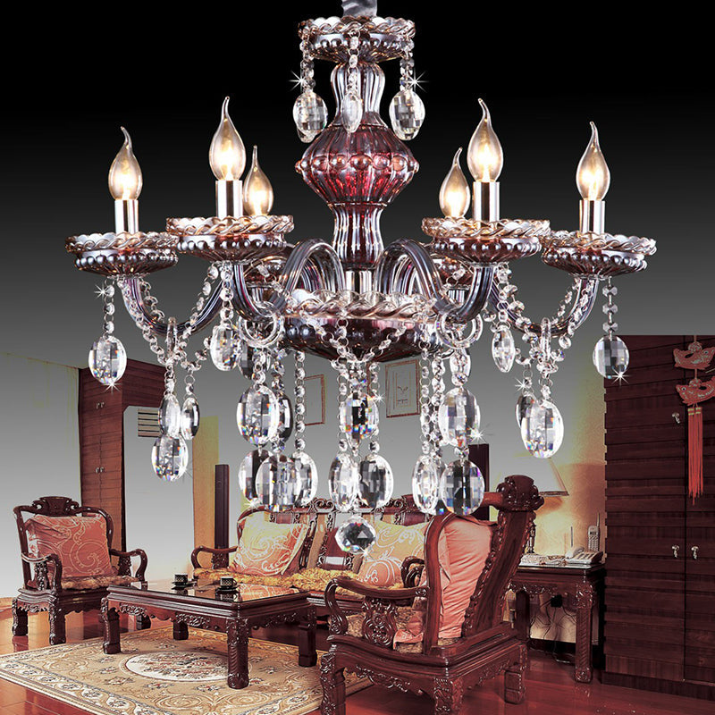 6-Light Candle Chandelier Traditional Clear-Red Crystal Hanging Light Fixture for Living Room Clearhalo 'Ceiling Lights' 'Chandeliers' 'Glass shade' 'Glass' Lighting' 2364563