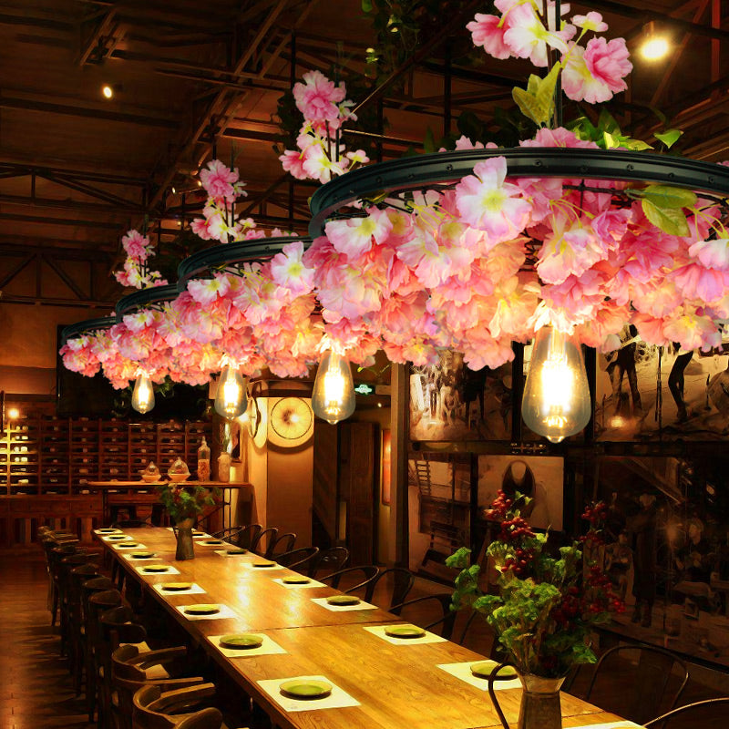 Wheel Restaurant Suspension Light Fixture Industrial Metal 1 Head Black Pendant with Artificial Plant Clearhalo 'Art Deco Pendants' 'Cast Iron' 'Ceiling Lights' 'Ceramic' 'Crystal' 'Industrial Pendants' 'Industrial' 'Metal' 'Middle Century Pendants' 'Pendant Lights' 'Pendants' 'Tiffany' Lighting' 2364609