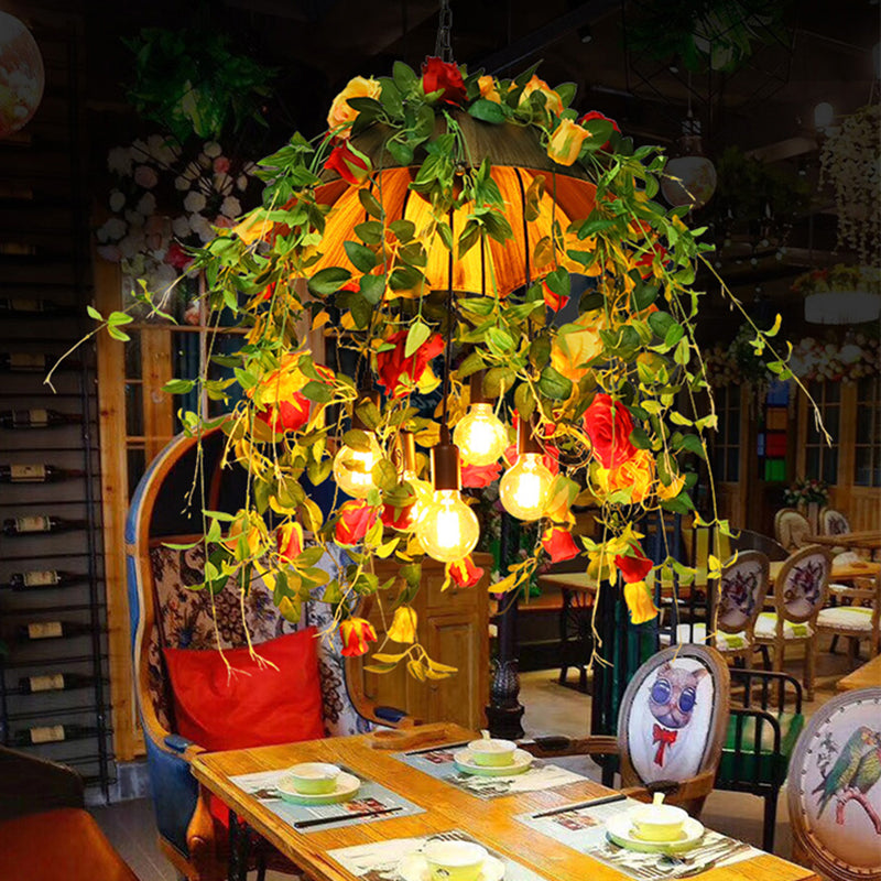 Orange 5-Bulb Pendant Lighting Rustic Metal Dome Chandelier with Art Flower and Leaf Clearhalo 'Cast Iron' 'Ceiling Lights' 'Chandeliers' 'Industrial Chandeliers' 'Industrial' 'Metal' 'Middle Century Chandeliers' 'Rustic Chandeliers' 'Tiffany' Lighting' 2364650