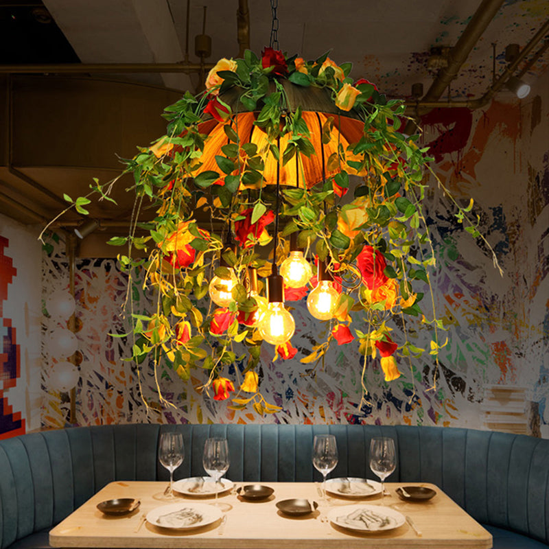 Orange 5-Bulb Pendant Lighting Rustic Metal Dome Chandelier with Art Flower and Leaf Clearhalo 'Cast Iron' 'Ceiling Lights' 'Chandeliers' 'Industrial Chandeliers' 'Industrial' 'Metal' 'Middle Century Chandeliers' 'Rustic Chandeliers' 'Tiffany' Lighting' 2364652