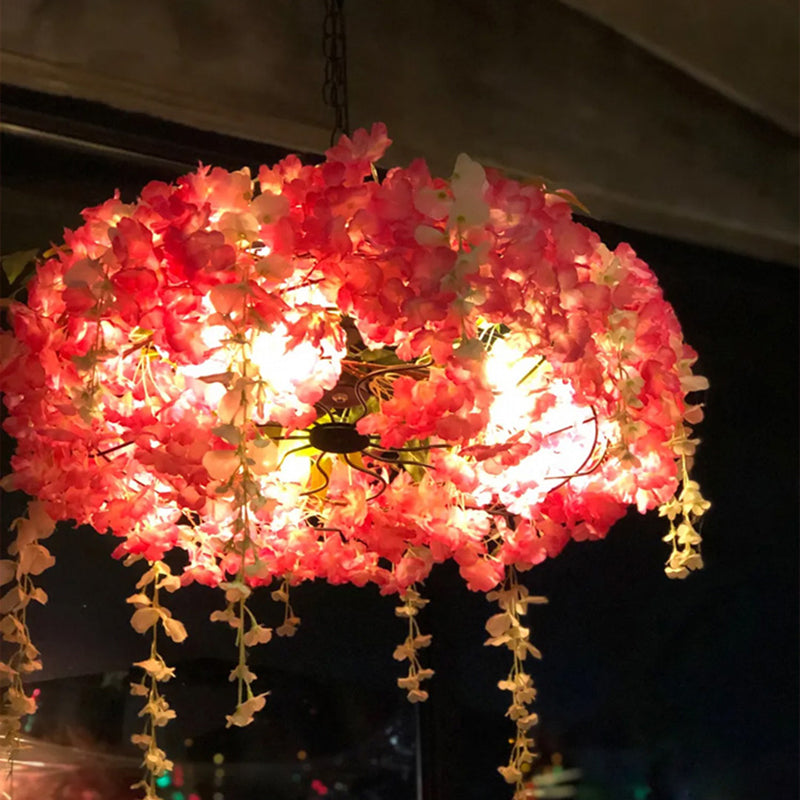 3-Light Round Cage Pendant Lamp Rural Metal Chandelier Light with Artificial Flower Clearhalo 'Cast Iron' 'Ceiling Lights' 'Chandeliers' 'Industrial Chandeliers' 'Industrial' 'Metal' 'Middle Century Chandeliers' 'Rustic Chandeliers' 'Tiffany' Lighting' 2364685