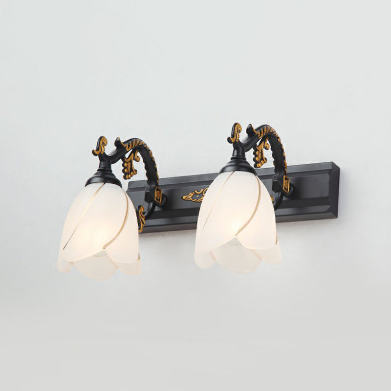 Floral Bathroom Vanity Wall Light Fixture Vintage Style Opal Glass Wall Sconce Lighting 2.0 Black Flower Clearhalo 'Vanity Lights' 'Wall Lights' Lighting' 2365132