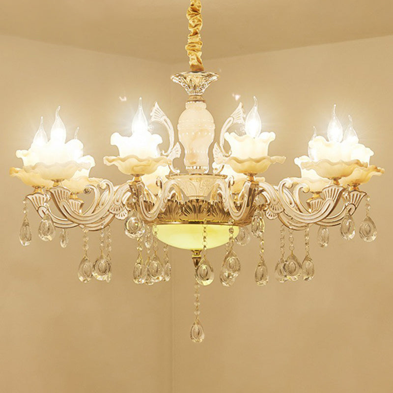 White Faux Candle Chandelier Light Traditional Frosted Glass Living Room Pendant with Crystal Deco 10 White Lotus Clearhalo 'Ceiling Lights' 'Chandeliers' Lighting' options 2365183_7a880267-c1b1-4f02-994b-2addd8fd5715