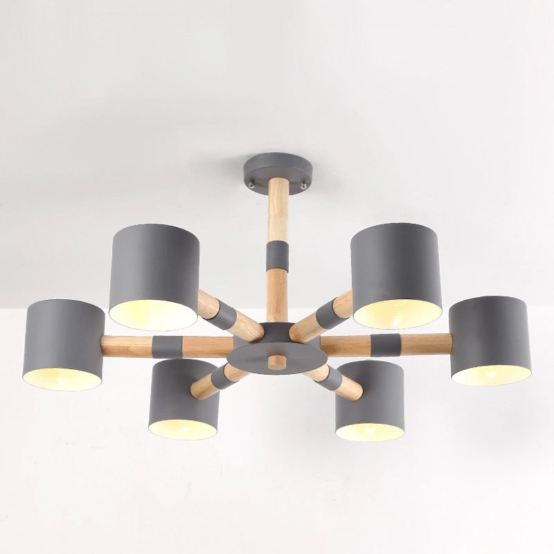 Cylinder Shade Hotel Hanging Light Metal & Wood 6 Heads Nordic Chandelier Clearhalo 'Ceiling Lights' 'Chandeliers' Lighting' options 236665