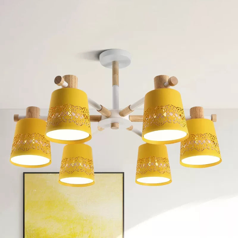 Wrought Iron Carved Chandelier 6 Lights Macaron Style Hanging Light for Living Room Yellow Clearhalo 'Ceiling Lights' 'Chandeliers' Lighting' options 236890_dee6bd3f-8147-48a8-b5d5-46821b8e32b6