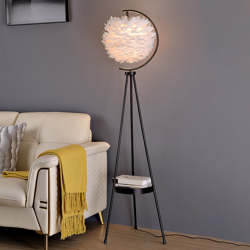 Postmodern Spherical Floor Light Feather 1 Head Living Room Standing Lamp with Tripod Tray Clearhalo 'Floor Lamps' 'Lamps' Lighting' 2373146