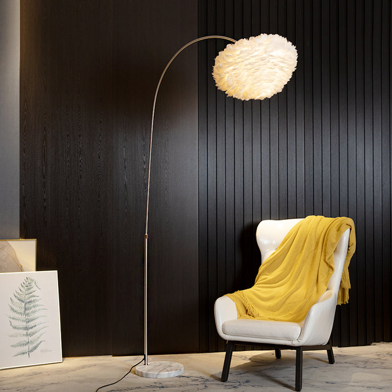 White Domed Floor Lighting Simple Single-Bulb Feather Stand Up Lamp with Extendable Fishing Rod Arm Clearhalo 'Floor Lamps' 'Lamps' Lighting' 2373153
