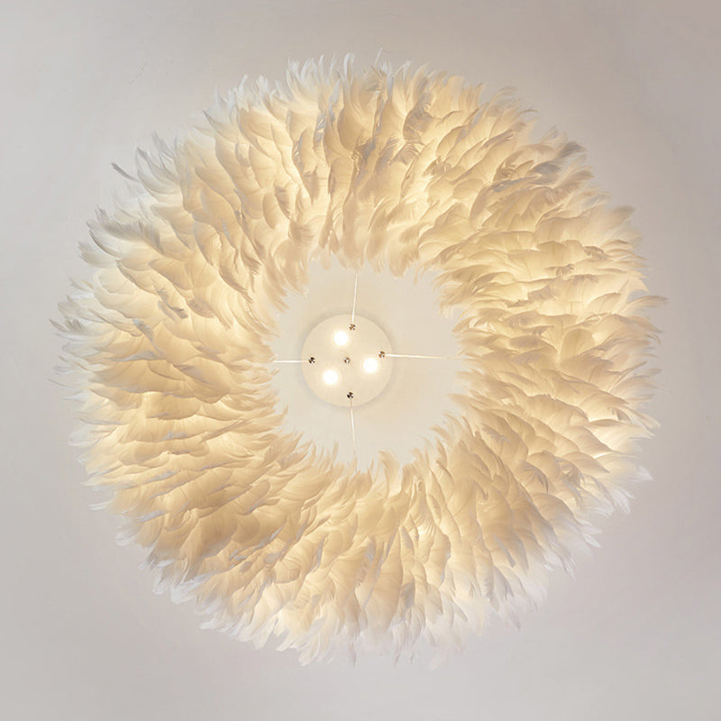 Bedroom Hanging Light Modern White Suspension Pendant Light with Round Feather Shade Clearhalo 'Ceiling Lights' 'Modern Pendants' 'Modern' 'Pendant Lights' 'Pendants' Lighting' 2373198
