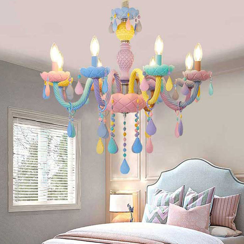 Pink Candle Style Hanging Light Kids Multicolored Glass Chandelier for Baby Room Clearhalo 'Ceiling Lights' 'Chandeliers' 'Close To Ceiling Lights' 'Glass shade' 'Glass' 'Pendant Lights' Lighting' 2373274
