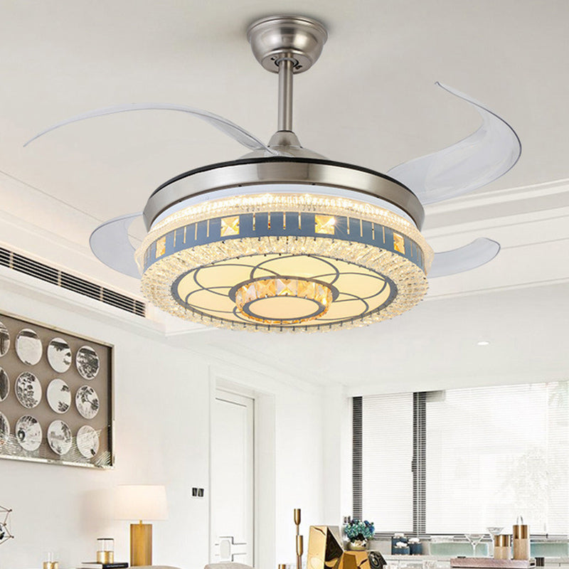 Crystal Round Hanging Fan Light Minimalist Blue Remote Control LED Semi Flush Light with 4 Blades, 42