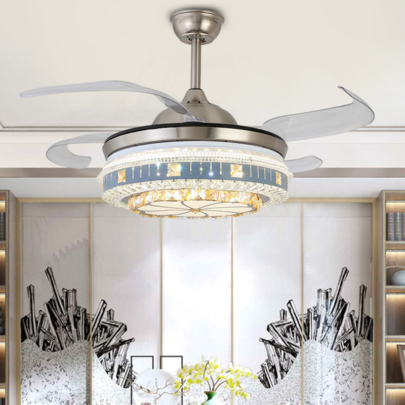 Crystal Round Hanging Fan Light Minimalist Blue Remote Control LED Semi Flush Light with 4 Blades, 42" W Clearhalo 'Ceiling Fans with Lights' 'Ceiling Fans' 'Modern Ceiling Fans' 'Modern' Lighting' 2373332