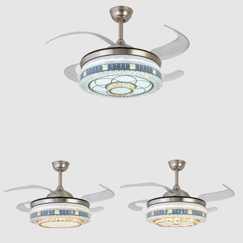 Crystal Round Hanging Fan Light Minimalist Blue Remote Control LED Semi Flush Light with 4 Blades, 42" W Clearhalo 'Ceiling Fans with Lights' 'Ceiling Fans' 'Modern Ceiling Fans' 'Modern' Lighting' 2373333