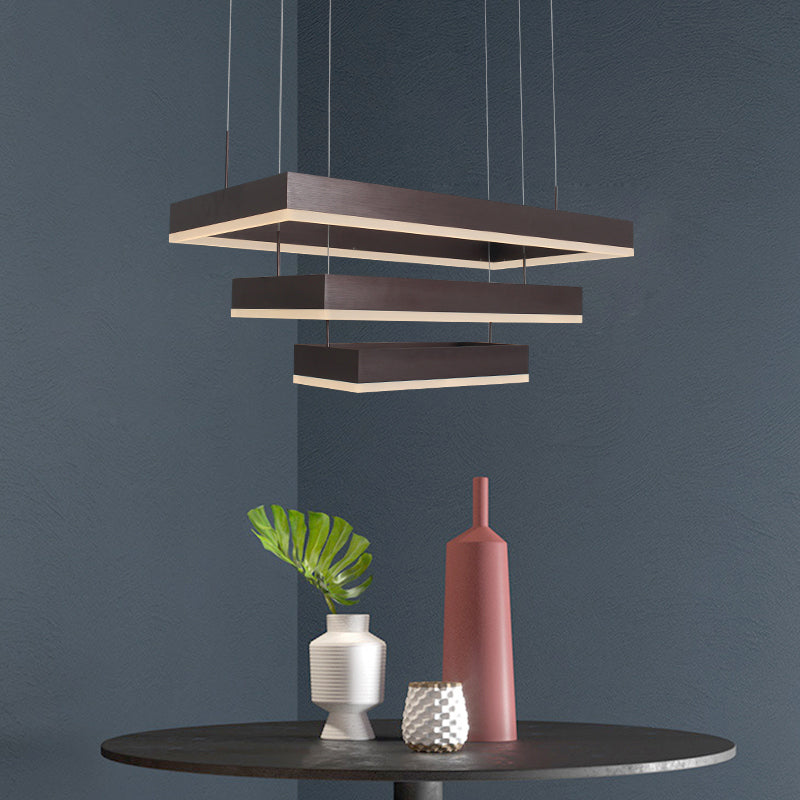 Coffee 3-Tier Rectangle Chandelier Modern Aluminum LED Hanging Light for Dining Room Clearhalo 'Ceiling Lights' 'Chandeliers' 'Modern Chandeliers' 'Modern' Lighting' 2373415