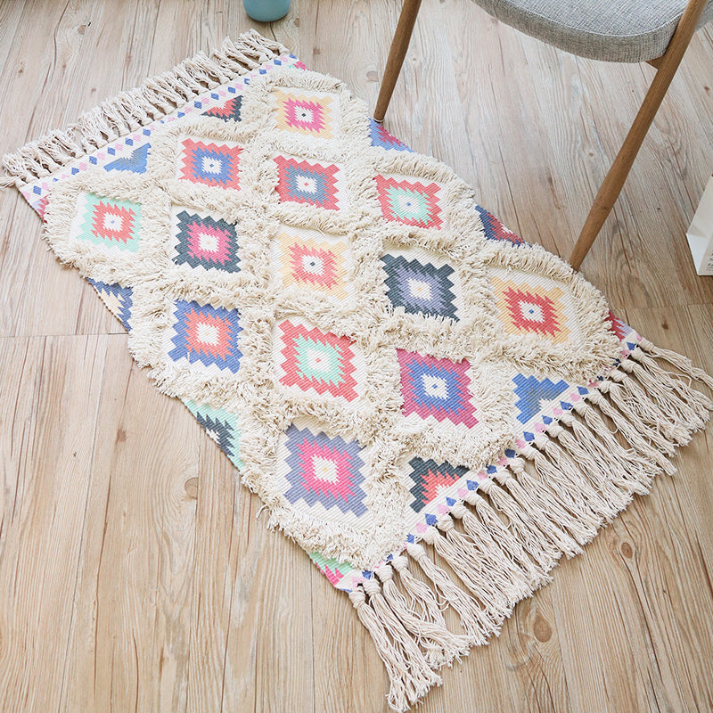 Multi-Color Boho Rug Cotton Abstract Pattern Indoor Rug Anti-Slip Backing Pet Friendly Area Carpet for Living Room Pink 2' x 2'11" Clearhalo 'Area Rug' 'Bohemian' 'Rugs' Rug' 2374388