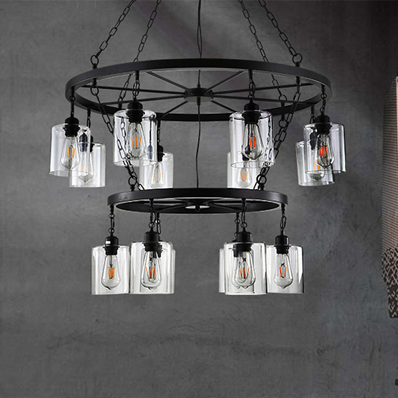 14 Lights Ceiling Light Traditional Two-Tiers Clear Glass Hanging Chandelier in Black with Cylinder Shade Black Clearhalo 'Ceiling Lights' 'Chandeliers' Lighting' options 237449_4ac23b3b-cfab-4065-97b4-9e93c6a4542e