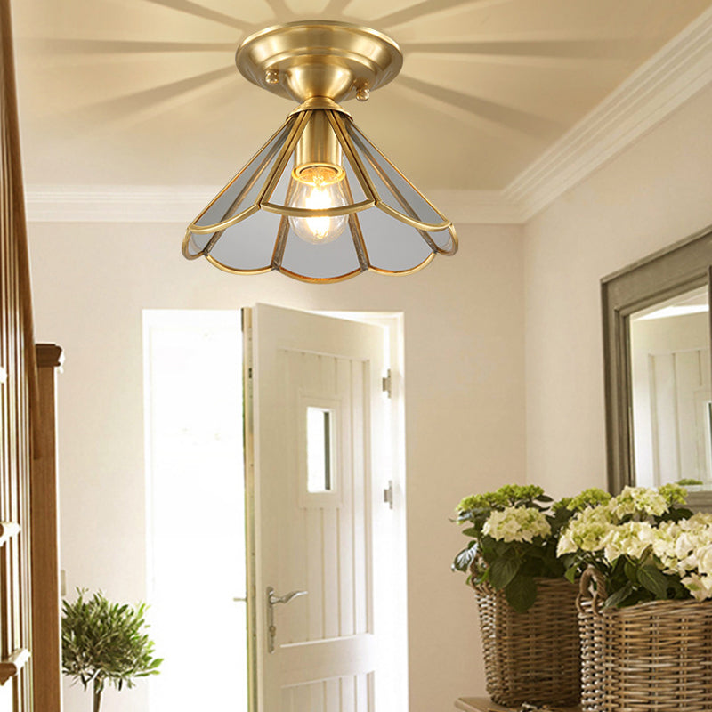 Gold Tapered Semi Flush Mount Traditional 1 Head Clear Glass Ceiling Mounted Light for Living Room Clearhalo 'Ceiling Lights' 'Close To Ceiling Lights' 'Close to ceiling' 'Glass shade' 'Glass' 'Semi-flushmount' Lighting' 237475
