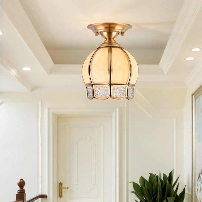 Dome Semi Flush Mount Lamp Tradition Milk Glass 1 Bulb Ceiling Mounted Light in Brass for Balcony Clearhalo 'Ceiling Lights' 'Close To Ceiling Lights' 'Close to ceiling' 'Glass shade' 'Glass' 'Semi-flushmount' Lighting' 237569