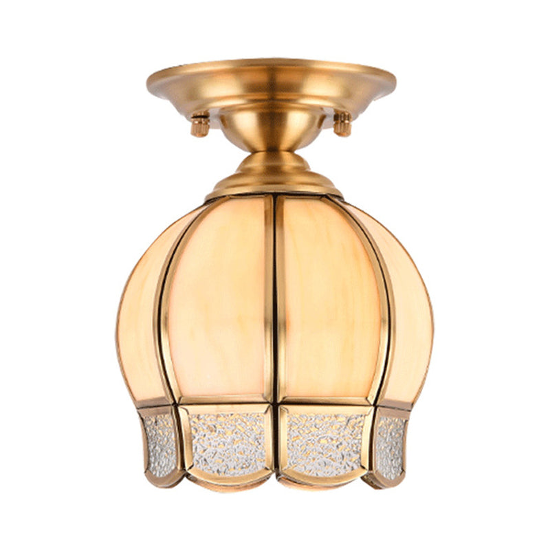Dome Semi Flush Mount Lamp Tradition Milk Glass 1 Bulb Ceiling Mounted Light in Brass for Balcony Clearhalo 'Ceiling Lights' 'Close To Ceiling Lights' 'Close to ceiling' 'Glass shade' 'Glass' 'Semi-flushmount' Lighting' 237570