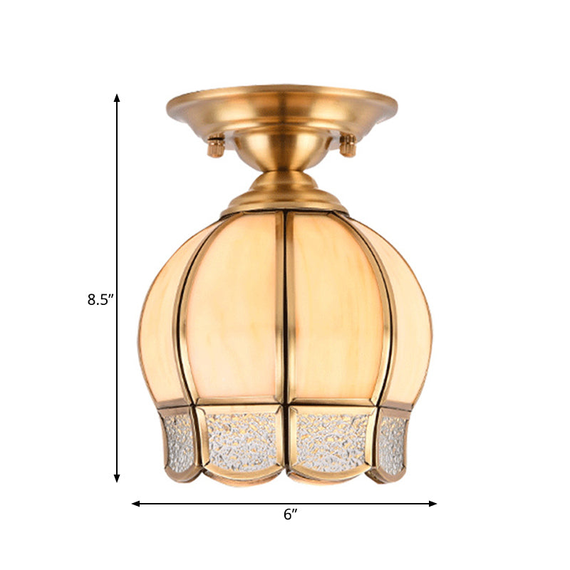 Dome Semi Flush Mount Lamp Tradition Milk Glass 1 Bulb Ceiling Mounted Light in Brass for Balcony Clearhalo 'Ceiling Lights' 'Close To Ceiling Lights' 'Close to ceiling' 'Glass shade' 'Glass' 'Semi-flushmount' Lighting' 237571