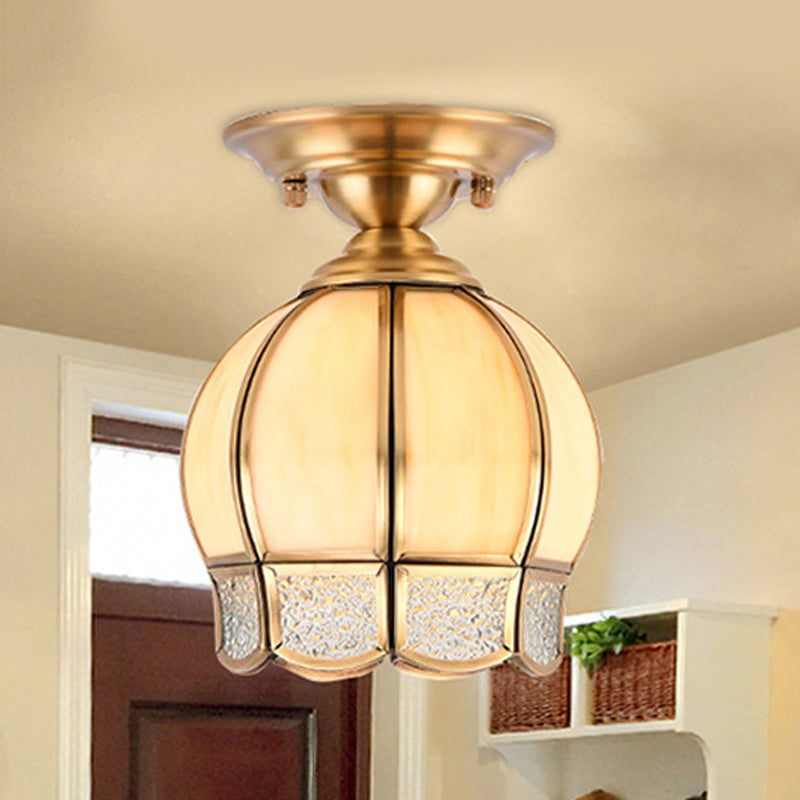 Dome Semi Flush Mount Lamp Tradition Milk Glass 1 Bulb Ceiling Mounted Light in Brass for Balcony Clearhalo 'Ceiling Lights' 'Close To Ceiling Lights' 'Close to ceiling' 'Glass shade' 'Glass' 'Semi-flushmount' Lighting' 237573