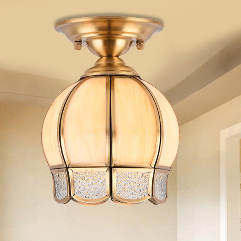 Dome Semi Flush Mount Lamp Tradition Milk Glass 1 Bulb Ceiling Mounted Light in Brass for Balcony Clearhalo 'Ceiling Lights' 'Close To Ceiling Lights' 'Close to ceiling' 'Glass shade' 'Glass' 'Semi-flushmount' Lighting' 237574