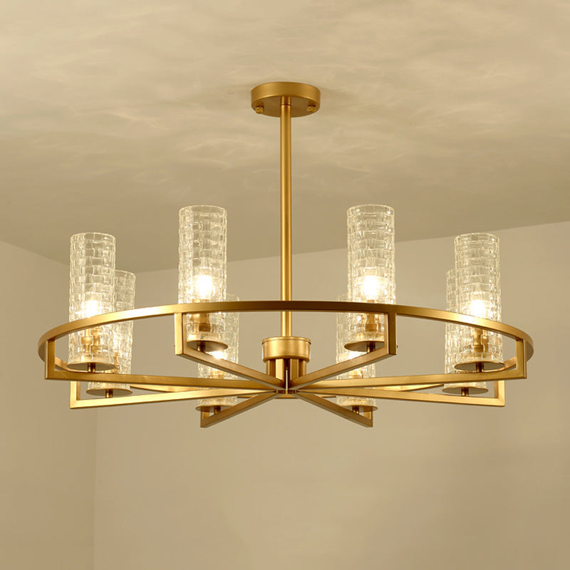 Gold Cylinder Chandelier Lamp Traditional Clear Ribbed Glass 6/8/10 Lights Living Room Hanging Light with Wheel Design 8 Gold Clearhalo 'Ceiling Lights' 'Chandeliers' Lighting' options 237998_75940cfc-a445-4564-b266-bc1b3dbacef9