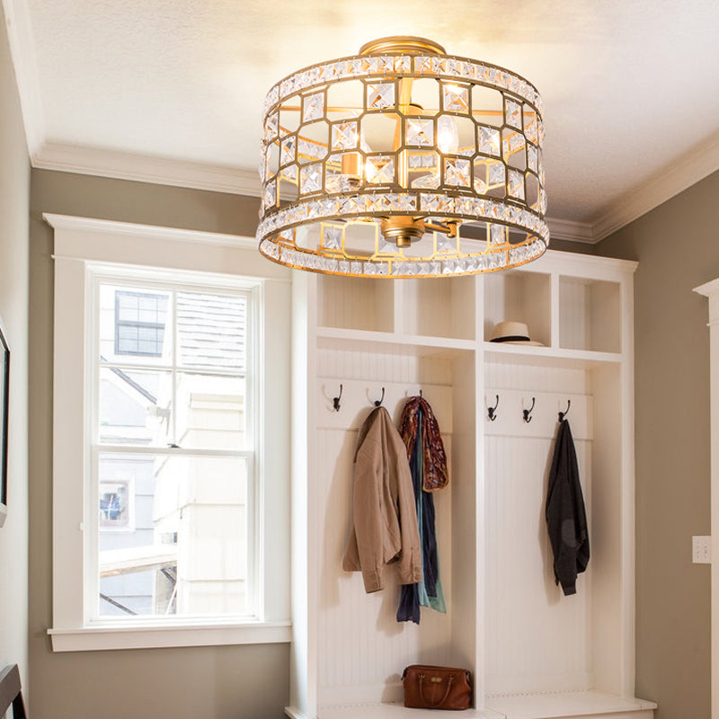 3 Bulbs Cylinder Semi Flush Light Traditionary Clear Glass Ceiling Mounted Fixture in Silver/Gold for Dining Room Clearhalo 'Ceiling Lights' 'Close To Ceiling Lights' 'Close to ceiling' 'Glass shade' 'Glass' 'Semi-flushmount' Lighting' 238168