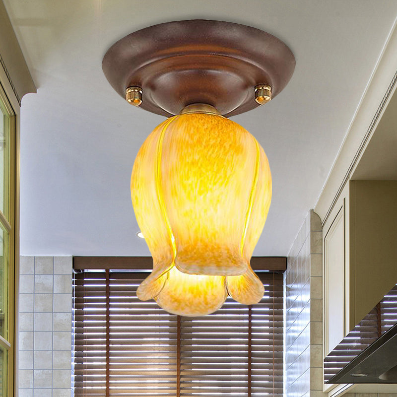 Flower Shaped White/Yellow/Purple Glass Flush Fixture Traditional 1 Light Living Room Ceiling Light Fixture Clearhalo 'Ceiling Lights' 'Close To Ceiling Lights' 'Close to ceiling' 'Flush mount' Lighting' 238251