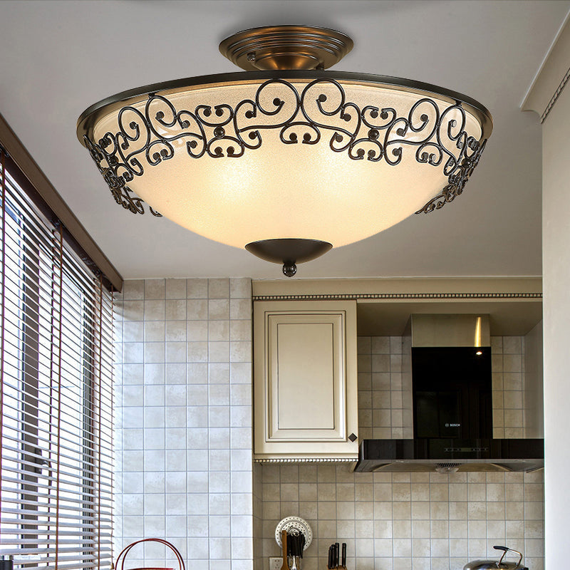 Black/Brass Bowl Shaped Semi Flush Mount Classic Frosted Glass 3/5 Lights Bedroom Ceiling Light Fixture Clearhalo 'Ceiling Lights' 'Close To Ceiling Lights' 'Close to ceiling' 'Glass shade' 'Glass' 'Semi-flushmount' Lighting' 238267