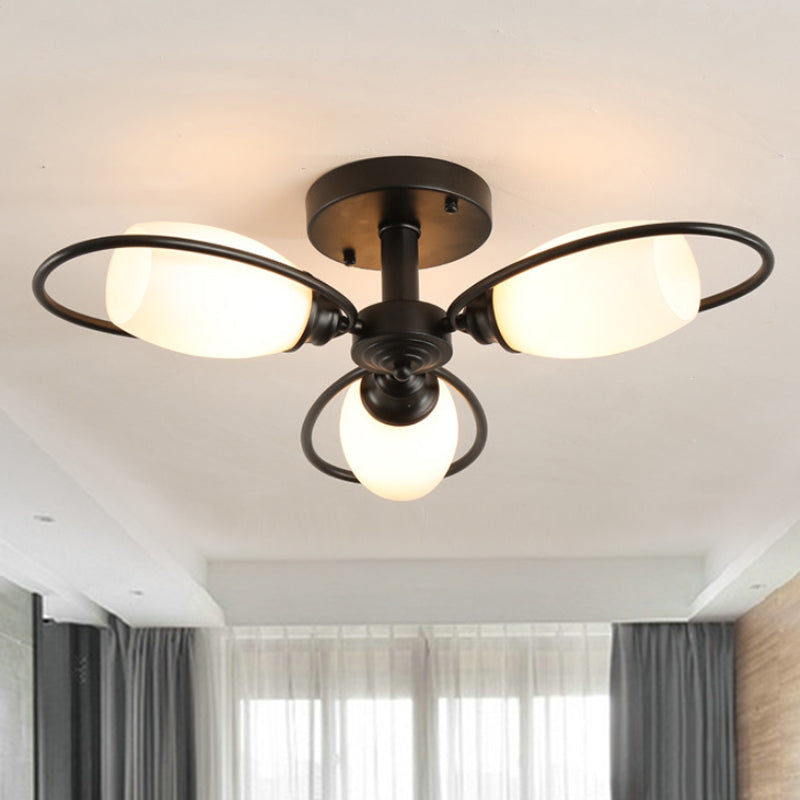 3/6/8 Lights Semi Flush Mount Traditional Flower Shape White Glass Ceiling Light in Black for Living Room 3 White Clearhalo 'Ceiling Lights' 'Close To Ceiling Lights' 'Close to ceiling' 'Glass shade' 'Glass' 'Semi-flushmount' Lighting' 238351