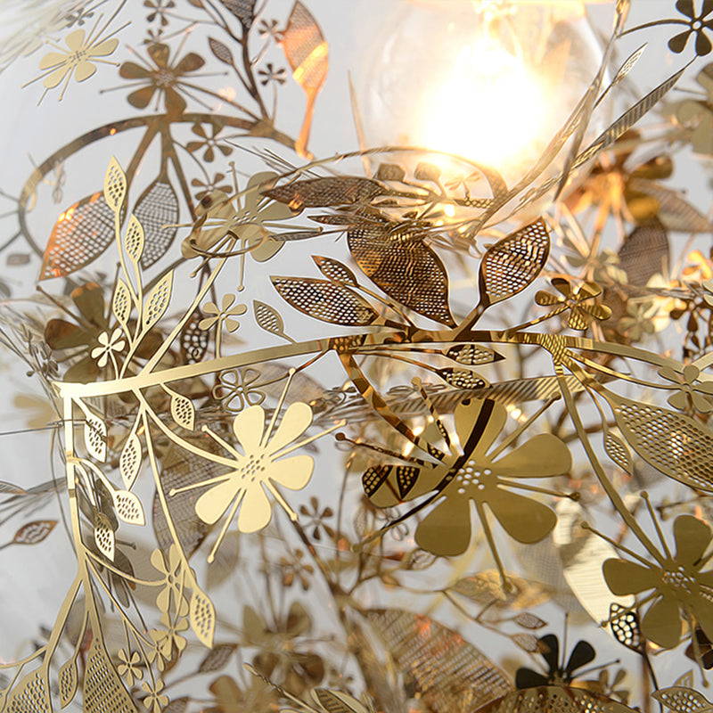 Minimalist Sphere Multi Light Chandelier Clear Glass 10-Head Stairs Pendant Lamp with Metal Flower Decor in Gold Clearhalo 'Ceiling Lights' 'Close To Ceiling Lights' 'Glass shade' 'Glass' 'Modern Pendants' 'Modern' 'Pendant Lights' 'Pendants' Lighting' 2384720