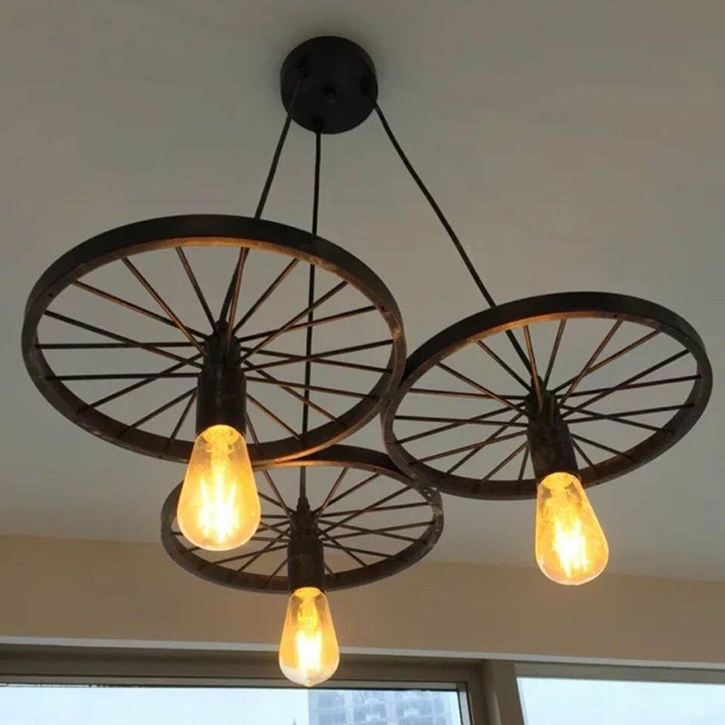 Wagon Wheel Shaped Bar Pendant Lamp Industrial Metal Multi Hanging Light Fixture 3 Black Clearhalo 'Art Deco Pendants' 'Black' 'Cast Iron' 'Ceiling Lights' 'Ceramic' 'Crystal' 'Industrial Pendants' 'Industrial' 'Metal' 'Middle Century Pendants' 'Pendant Lights' 'Pendants' 'Rustic Pendants' 'Tiffany' Lighting' 2384829