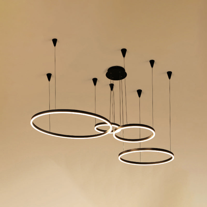 Black Loop Hanging Ceiling Light Minimalistic Metal LED Chandelier for Sitting Room 4 Black White Clearhalo 'Ceiling Lights' 'Chandeliers' 'Modern Chandeliers' 'Modern' Lighting' 2384870