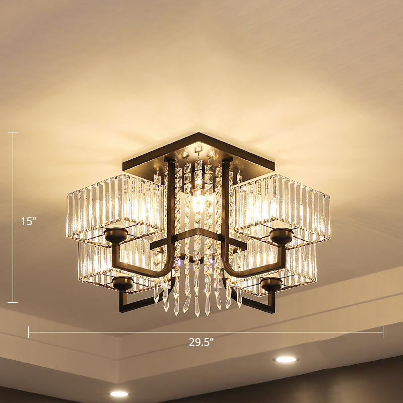 Contemporary Rectangle Ceiling Light Prismatic Crystal Living Room Semi Flush Mount Light in Black 5 Black Clearhalo 'Ceiling Lights' 'Close To Ceiling Lights' 'Close to ceiling' 'Semi-flushmount' Lighting' 2385030