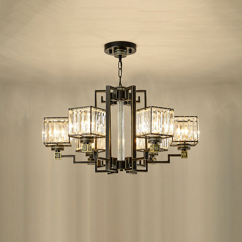 Traditional Cubic Pendant Lighting Clear Tri-Sided Glass Chandelier Light Fixture in Black 6 Black Clearhalo 'Ceiling Lights' 'Chandeliers' Lighting' options 2385081_1f11d490-8ca2-43de-a55e-8619af94a09c