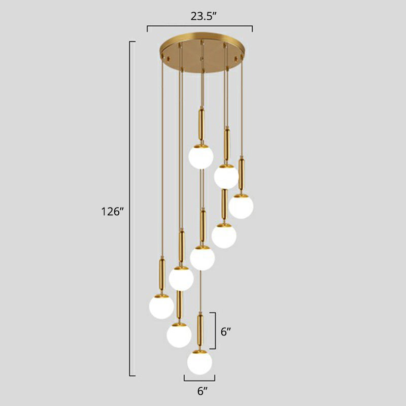 Minimalist Ball Pendant Lighting White Glass Stairway Multi Hanging Light Fixture in Gold 12 Gold Globe Clearhalo 'Art Deco Pendants' 'Cast Iron' 'Ceiling Lights' 'Ceramic' 'Crystal' 'Industrial Pendants' 'Industrial' 'Metal' 'Middle Century Pendants' 'Modern Pendants' 'Modern' 'Pendant Lights' 'Pendants' 'Tiffany' Lighting' 2385129