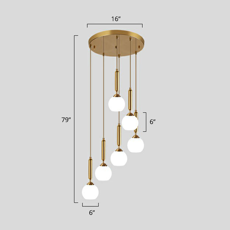 Minimalist Ball Pendant Lighting White Glass Stairway Multi Hanging Light Fixture in Gold 6 Gold Cylinder Clearhalo 'Art Deco Pendants' 'Cast Iron' 'Ceiling Lights' 'Ceramic' 'Crystal' 'Industrial Pendants' 'Industrial' 'Metal' 'Middle Century Pendants' 'Modern Pendants' 'Modern' 'Pendant Lights' 'Pendants' 'Tiffany' Lighting' 2385130
