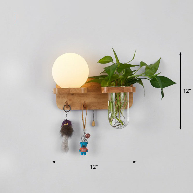 Cream Glass Geometric Wall Sconce Art Deco 1 Head Wall Mounted Light with Plant Container and Wooden Shelf Light Wood Round Left Clearhalo 'Wall Lamps & Sconces' 'Wall Lights' Lighting' 2385276