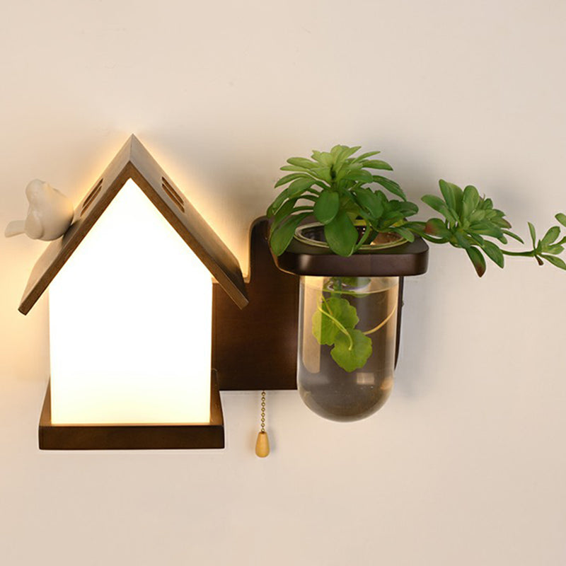 Decorative Geometric Wall Lighting Ivory Glass 1-Light Bedside Sconce with Plant Container Brown House Clearhalo 'Wall Lamps & Sconces' 'Wall Lights' Lighting' 2385285