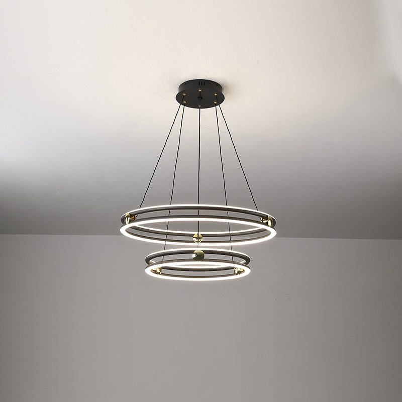 Black and White Circle Chandelier Minimalistic Aluminum LED Hanging Light for Dining Room Black 23.5" Double Ring Clearhalo 'Ceiling Lights' 'Chandeliers' 'Modern Chandeliers' 'Modern' Lighting' 2385357