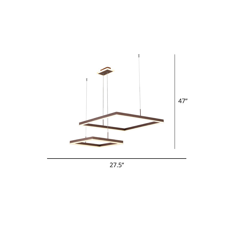 Aluminum Square LED Ceiling Light Simple 2-Light Coffee Finish Chandelier for Dining Room Coffee 27.5" Remote Control Stepless Dimming Clearhalo 'Ceiling Lights' 'Chandeliers' 'Modern Chandeliers' 'Modern' Lighting' 2385398