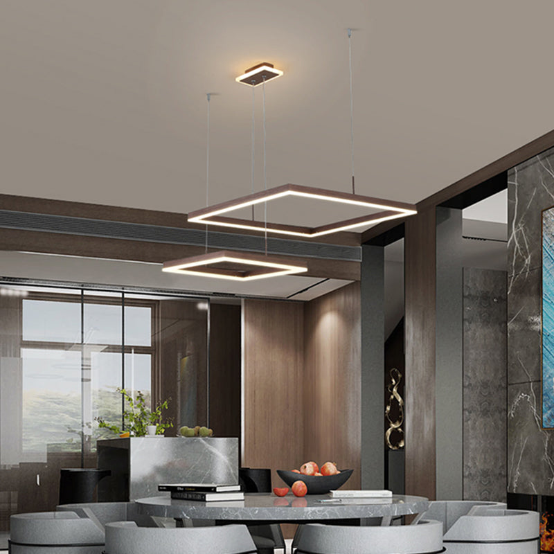 Aluminum Square LED Ceiling Light Simple 2-Light Coffee Finish Chandelier for Dining Room Clearhalo 'Ceiling Lights' 'Chandeliers' 'Modern Chandeliers' 'Modern' Lighting' 2385400
