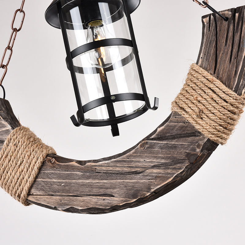 1-Bulb Cylindrical Pendant Lamp Nautical Brown Clear Glass Hanging Light with Arch Wood Deco Clearhalo 'Art Deco Pendants' 'Cast Iron' 'Ceiling Lights' 'Ceramic' 'Crystal' 'Industrial Pendants' 'Industrial' 'Metal' 'Middle Century Pendants' 'Pendant Lights' 'Pendants' 'Tiffany' Lighting' 2385449